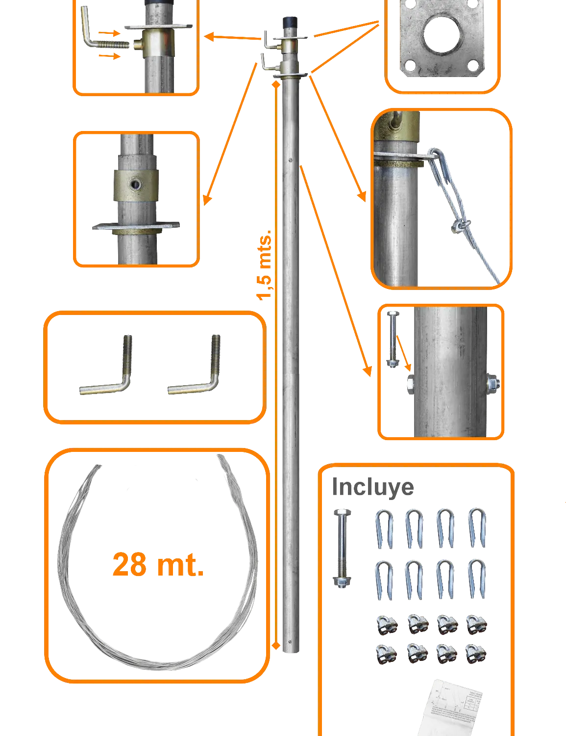 LINKMADE 3mt Mastil Telescopico con Vientos 2-Tubos-1,5mt 1