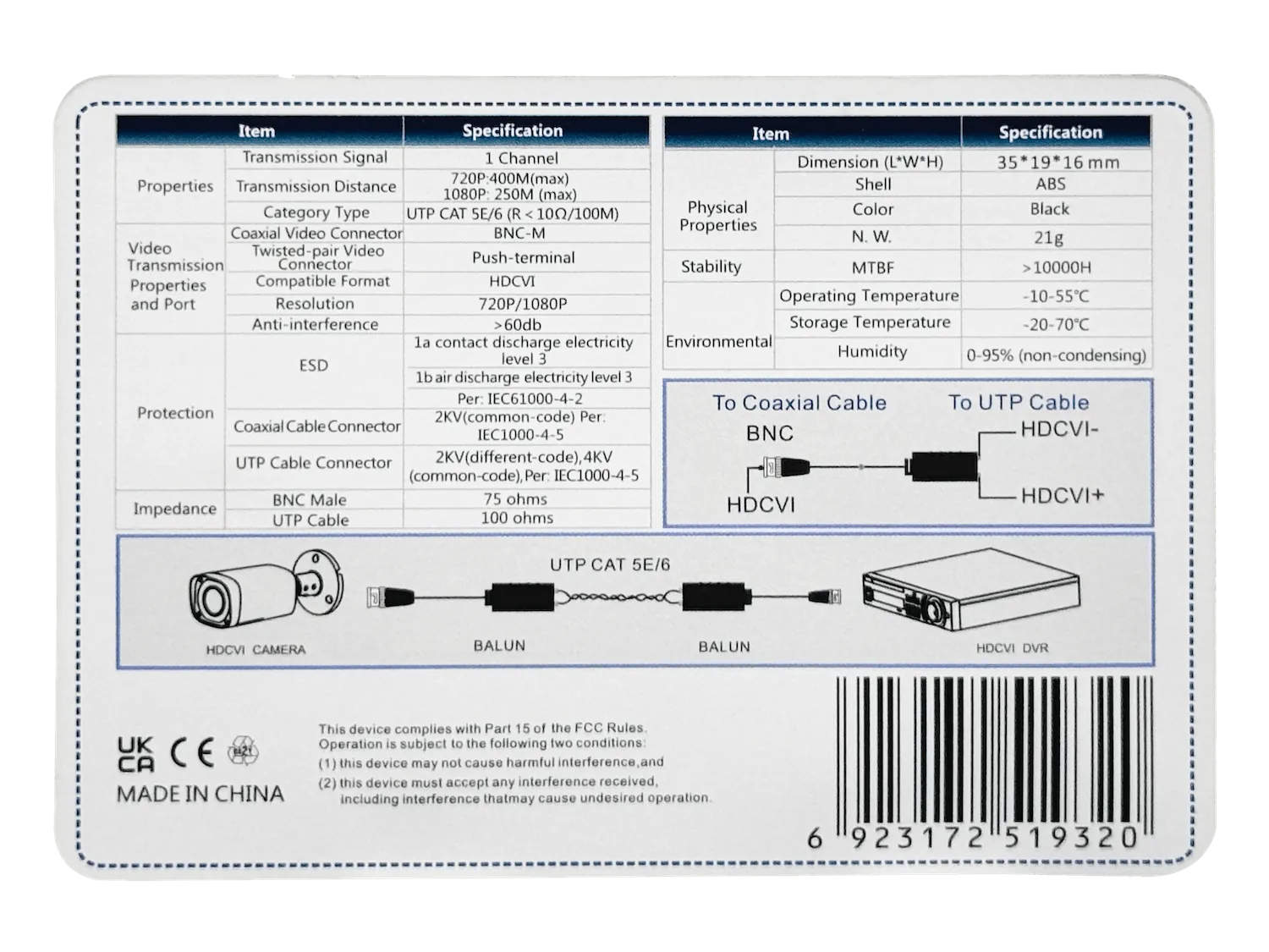 Balún Pasivo Dahua PFM800-E – 1 canal HDCVI, Cat5E/6 hasta 400 metros 2