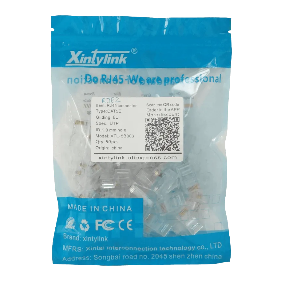 Conectores RJ45 XINTYLINK CAT5E UTP Bolsa 50 Orificios 1.0mm 3