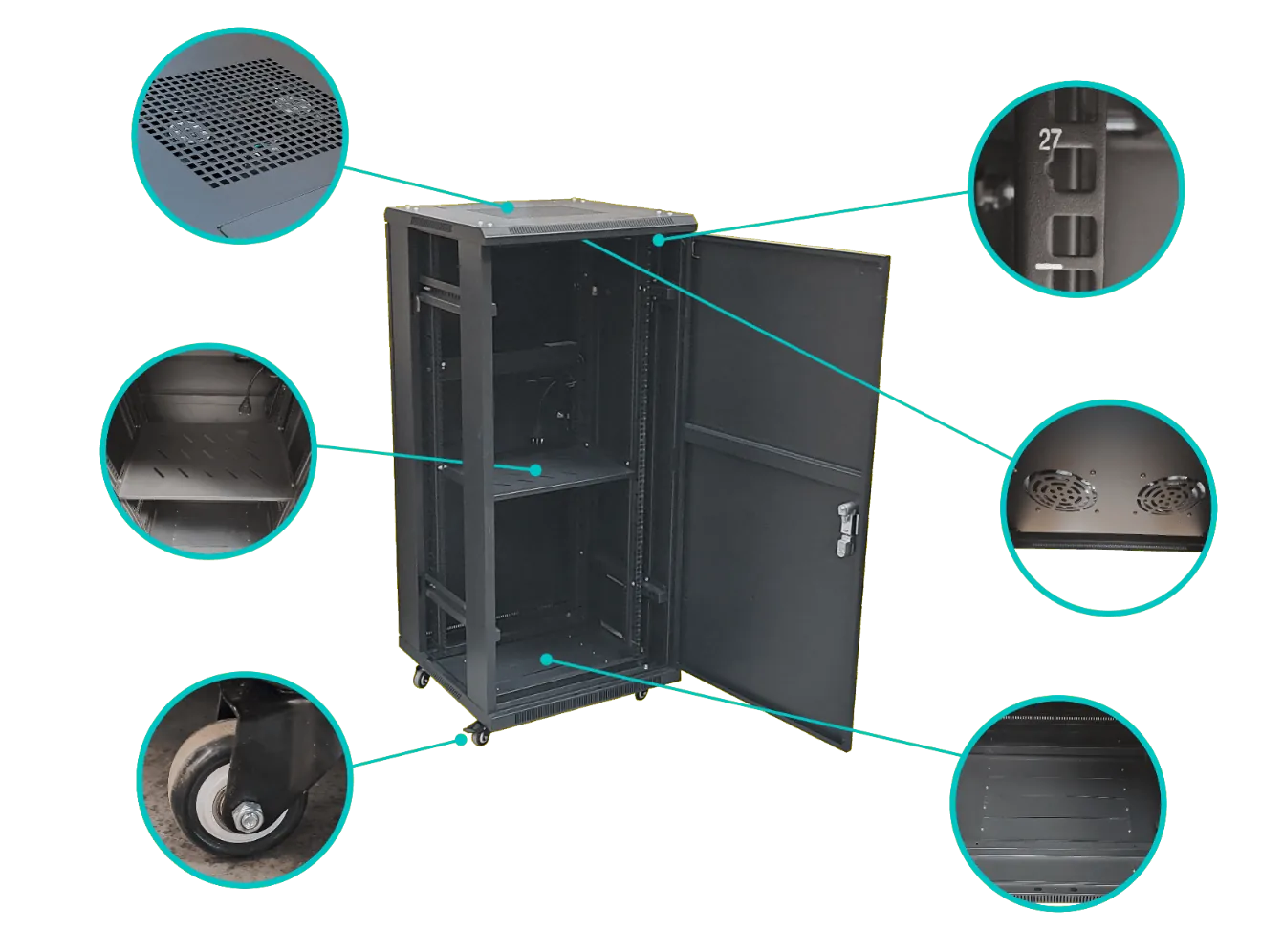 Rack 27U Ciego Fondo-60cm Ancho-19pulg Piso Ruedas Bandeja-30cm PDU 6