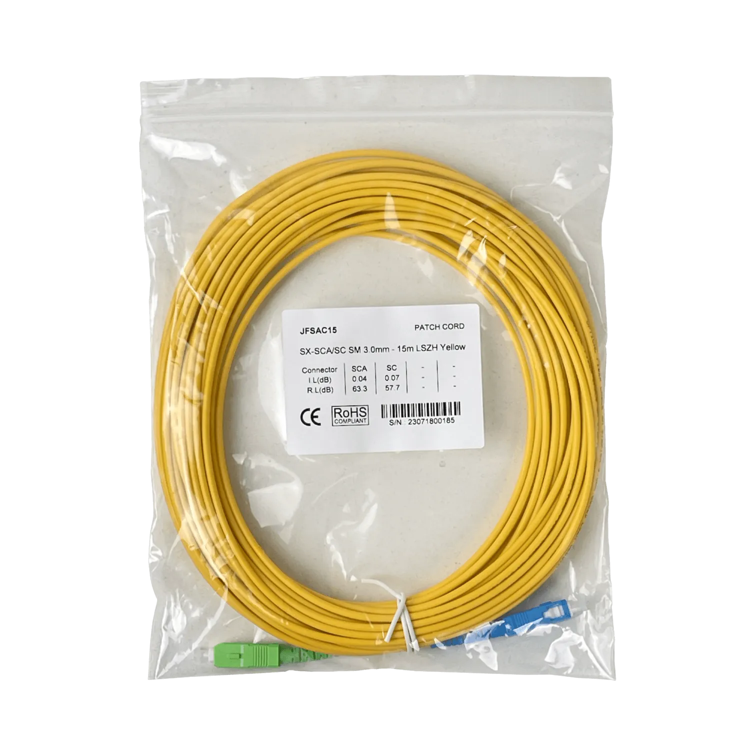 15mt SC/APC-SC/UPC MonoModo SM Simplex Jumper Cable Fibra 3mm 9/125um 2