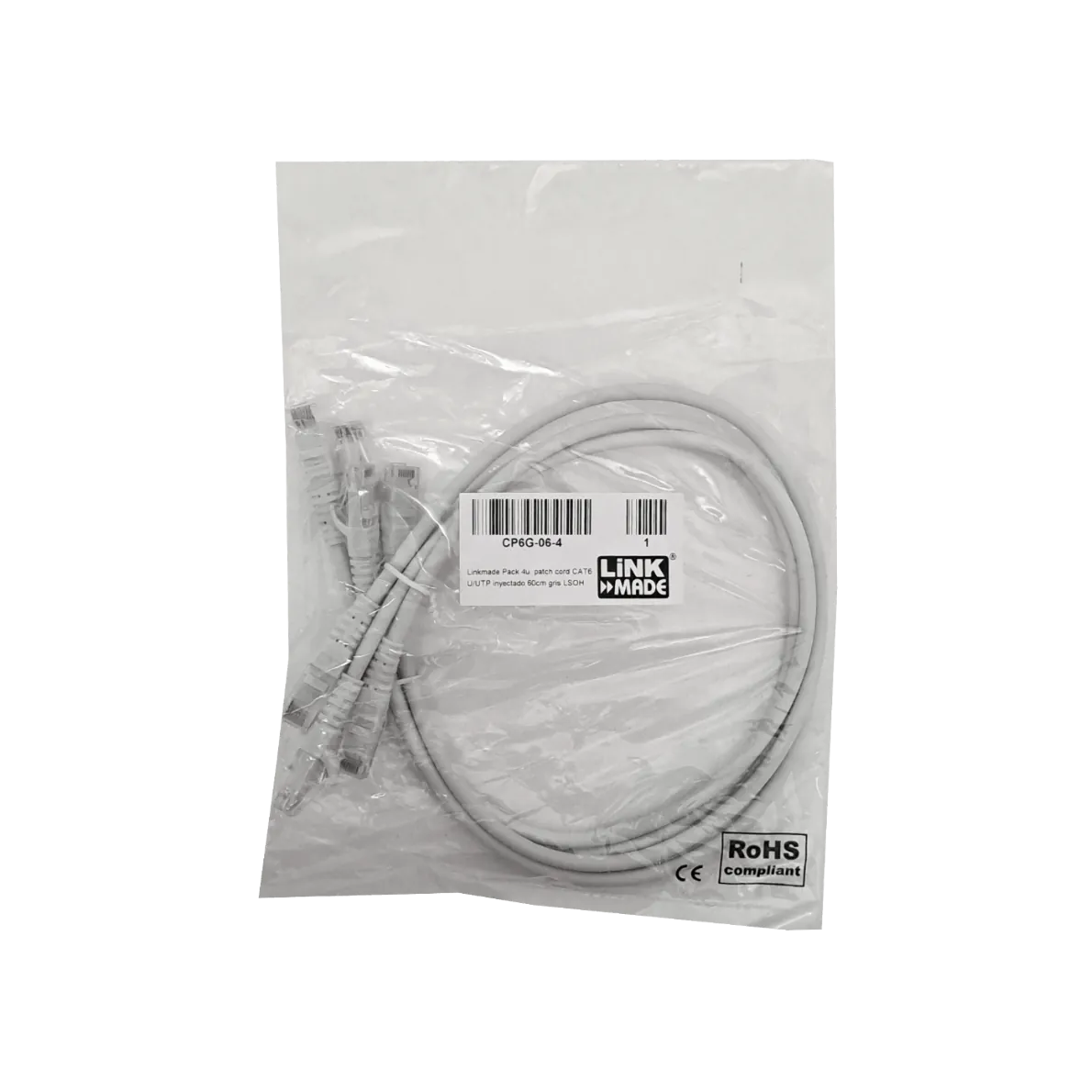 Pack x4 Cable Patch LINKMADE Cat6 Gris 60cm LSZH Inyectado Multifilar 2