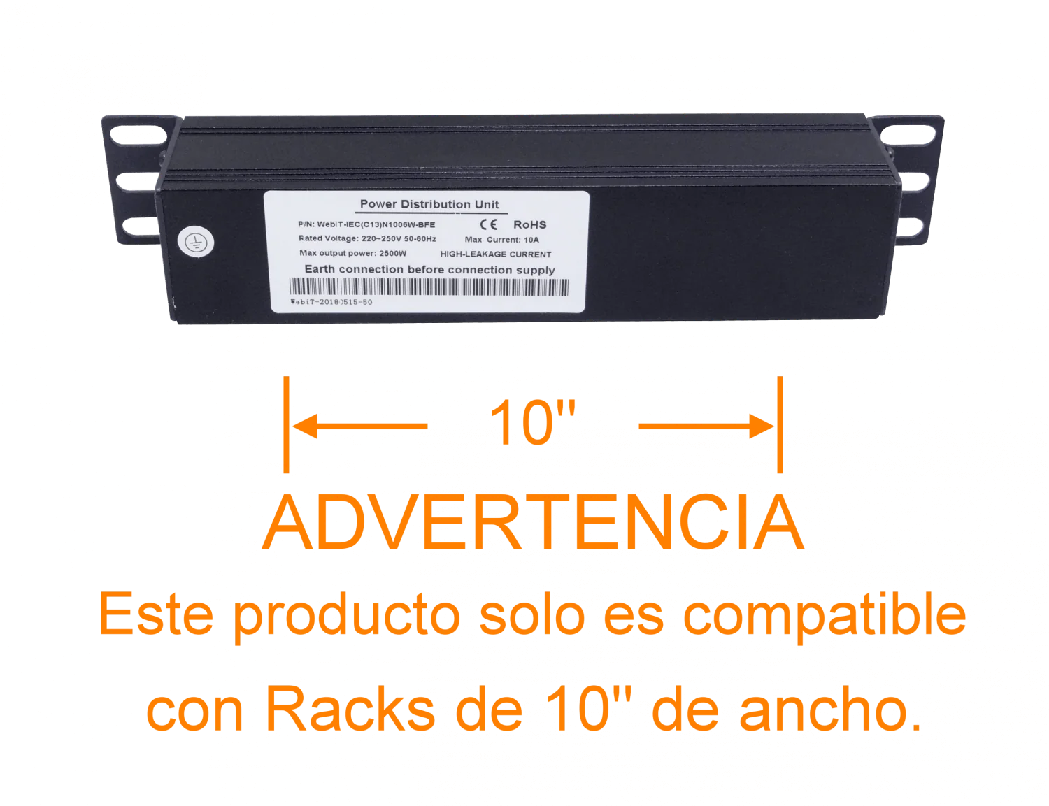 PDU 10A con 6 Enchufes Hembra C13, 1 Enchufe Macho C14, Rack 10