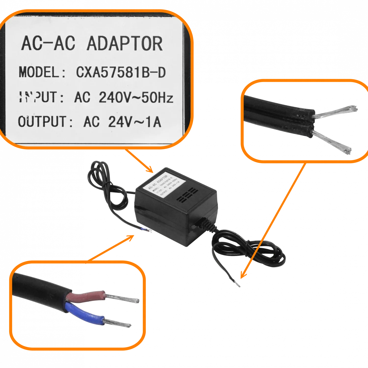 Fuente de Poder 24VAC 1A 24W, Bobina con Cables Sueltos, Trafo 1000mA 3