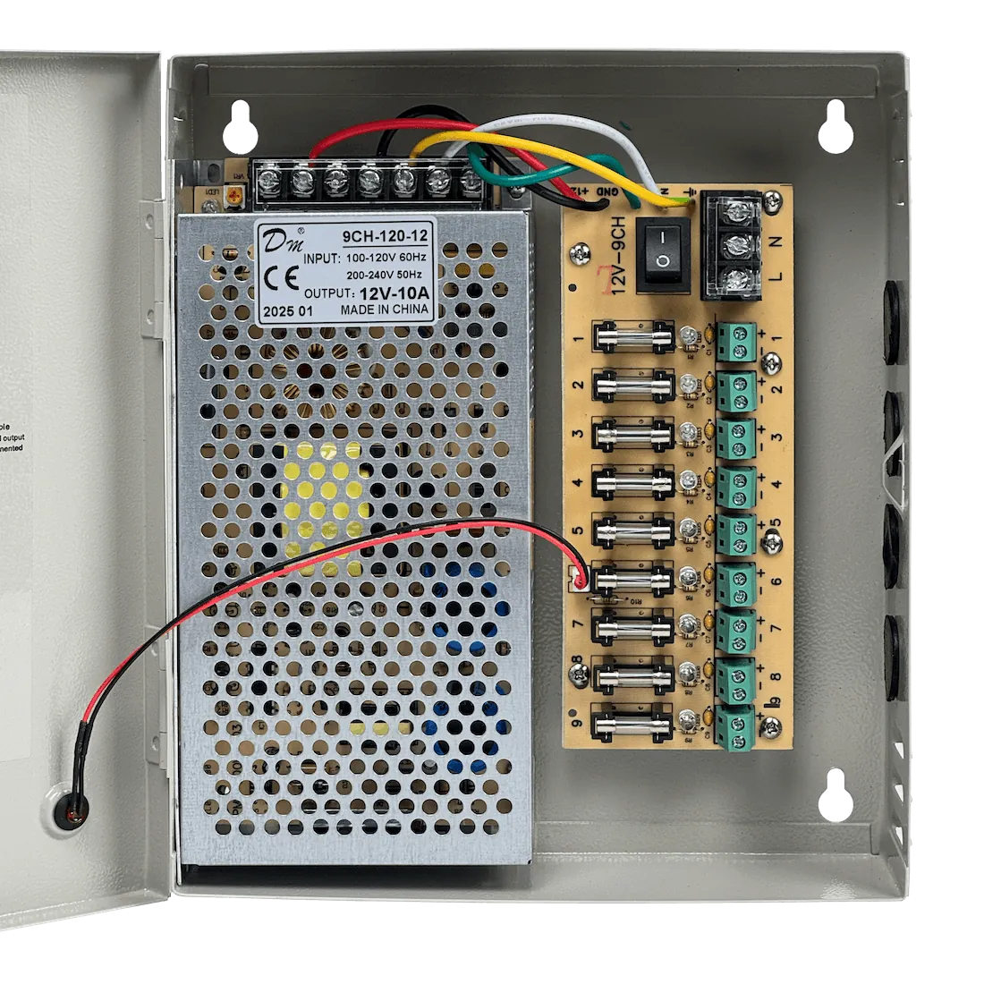 120W 12VDC 10A 9-Salida Gabinete-llave Piloto 100-240VAC Fuente Poder 5