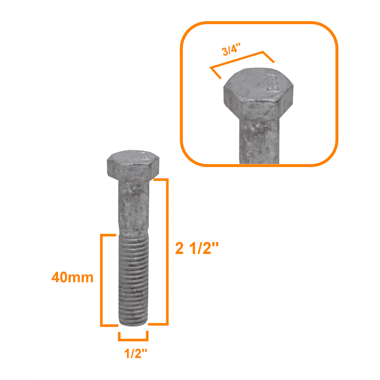 1/2 x 2 1/2 Perno Hexagonal con Tuerca Hexagonal-19mm-3/4p 0,5x2,5pulg 3