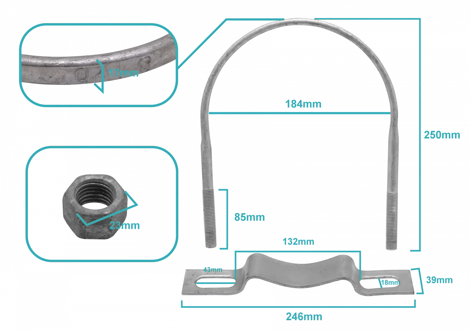 Galvanizado para Poste Redondo Clamp KTL0180 143-180 mm con Tuercas de 23 mm 2