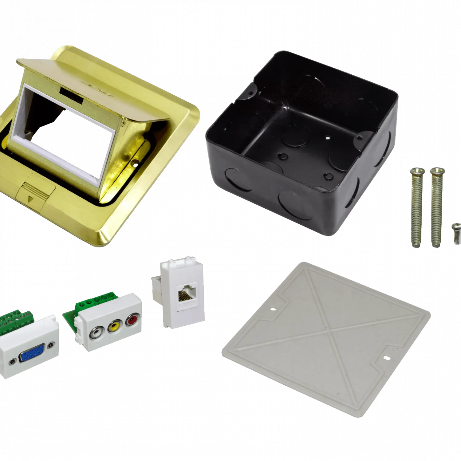 Caja de Piso RST-M3P RJ45 + VGA + 3 RCA Abatible Metálica 103x99x55mm con Tapa 118x120mm 3