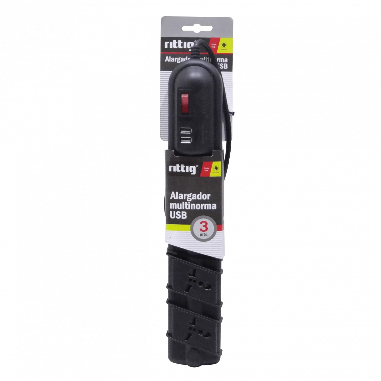 RITTIG Negro 5-Mult 2-USB5V Alarg 3mts 10A-250V 2200W Piloto-Interrupt 3