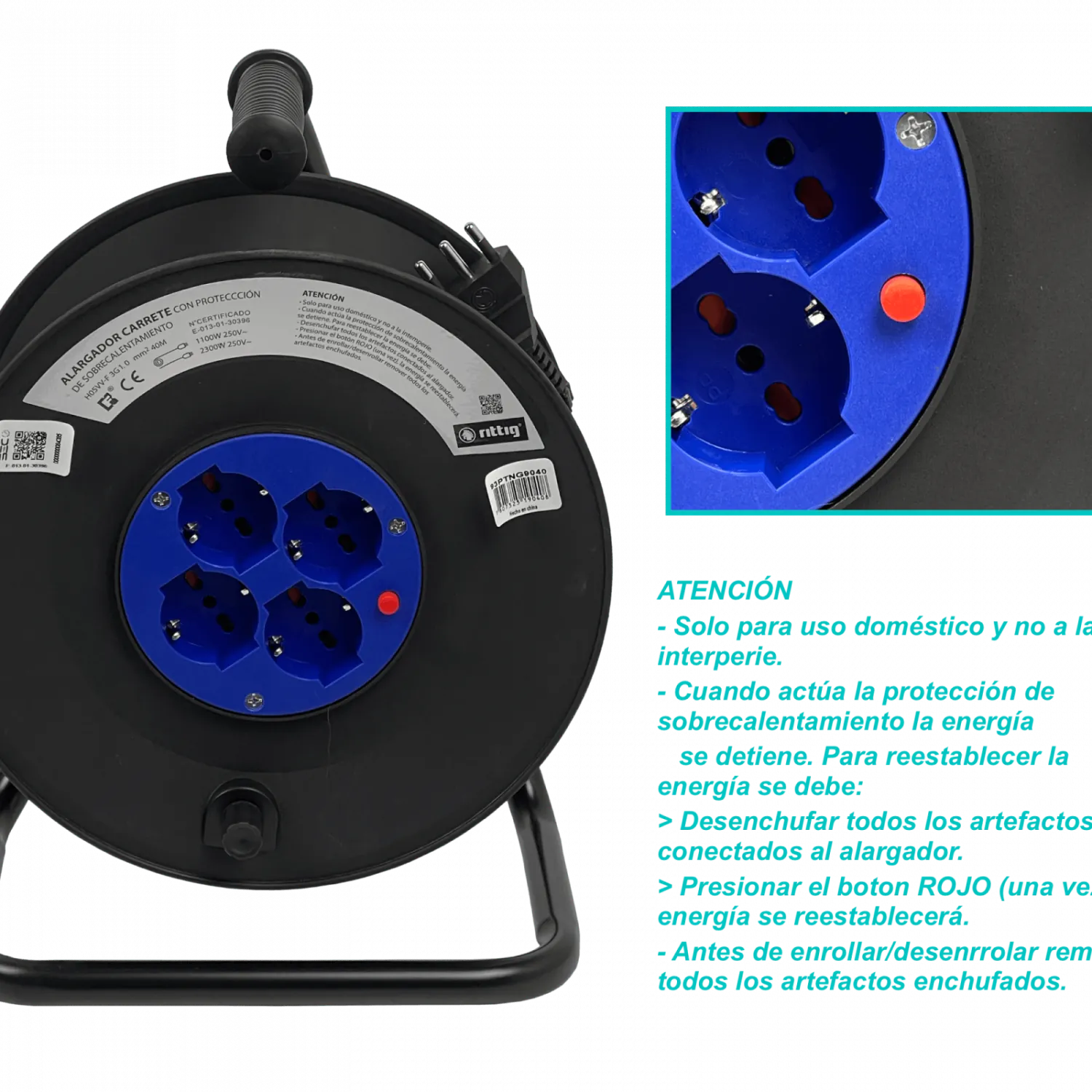 RITTIG 40mts Alargador Carrete 4-Multinorma-H 1-16A-IM 250V Proteccion 3