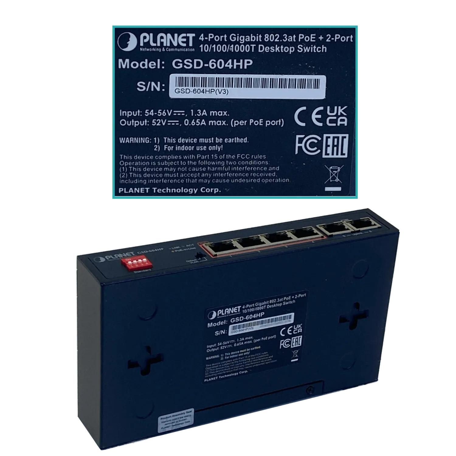 PLANET 6-1000(4-PoE+af/at) 55W-tot Switch no-Admin no-Rack inc-55V/72W 4