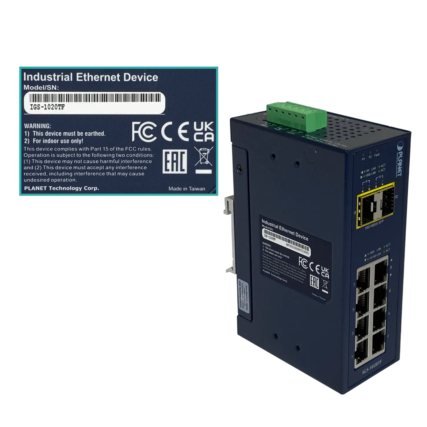 PLANET 8-1000 2-SFP Switch Industrial no-Admin Riel-DIN 12-48VDC 24VAC 5