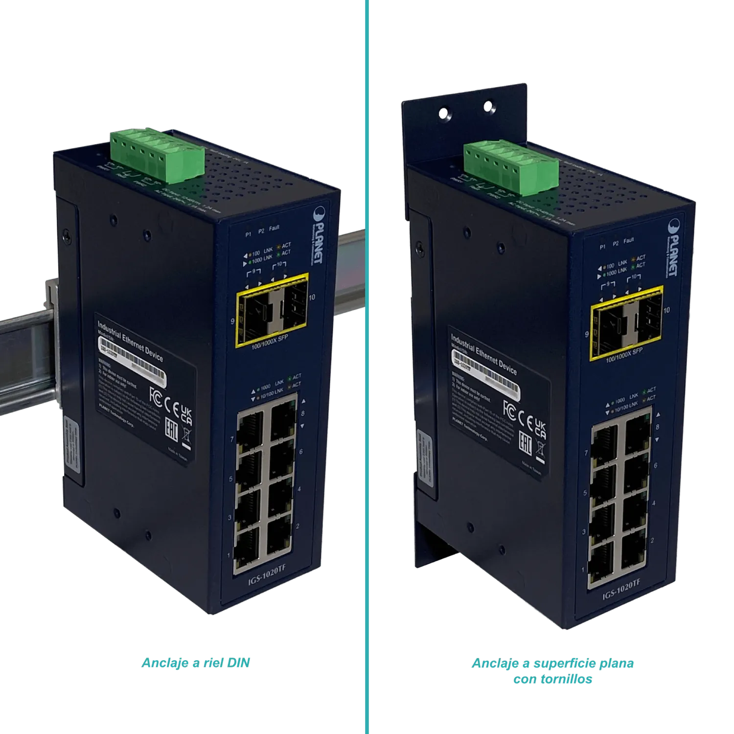 PLANET 8-1000 2-SFP Switch Industrial no-Admin Riel-DIN 12-48VDC 24VAC 4