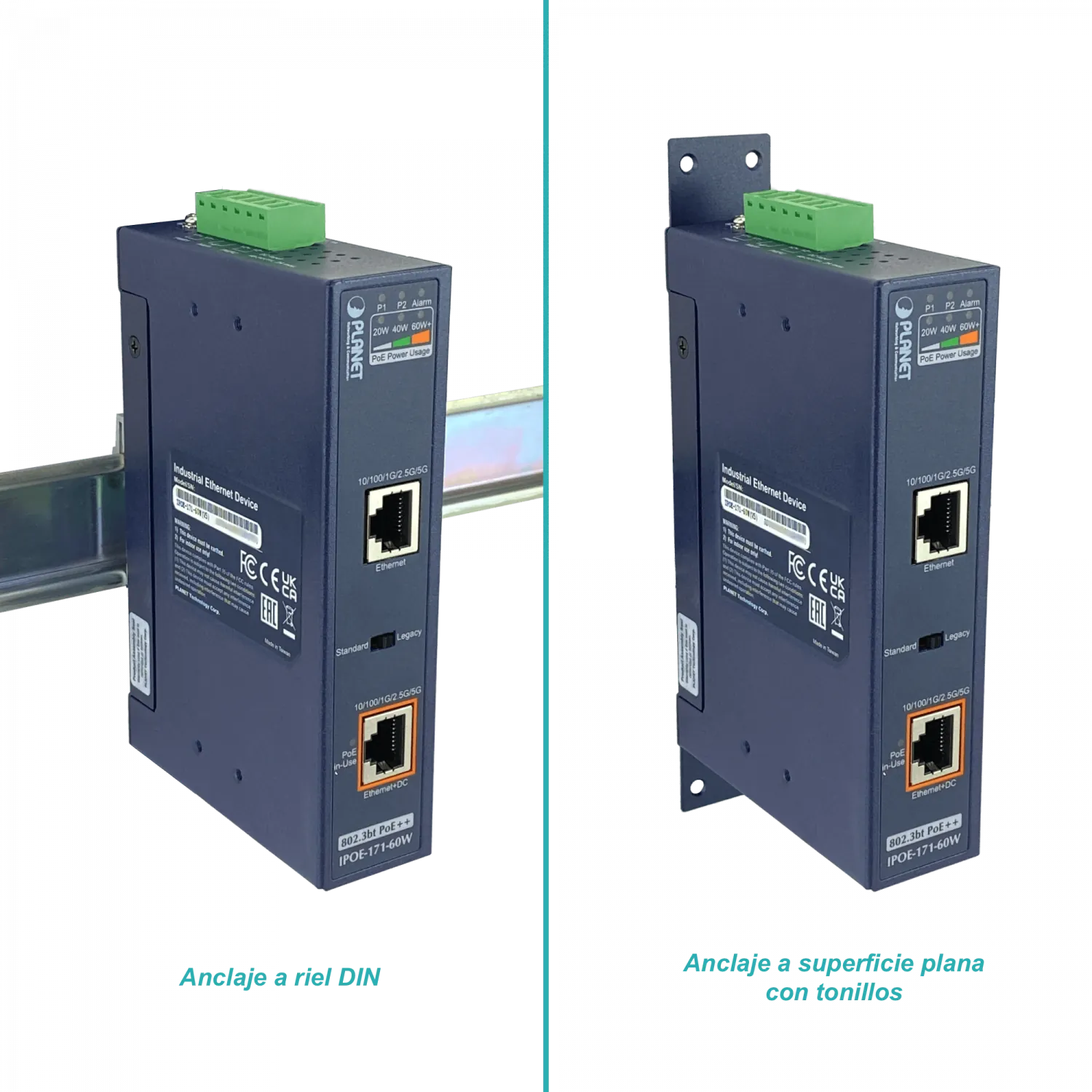 Inyector PoE+ Din-Rail, 60W, 802.3at, 2 RJ45, 48-56VDC, PLANET IPOE-171-60W 4
