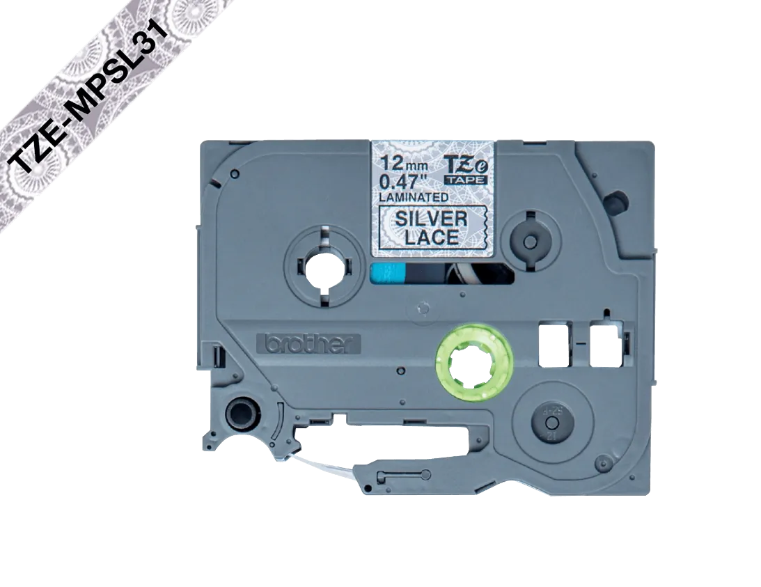 Cinta encaje Brother TZE-MPSL31 12mm negro en fondo plata 4m 2