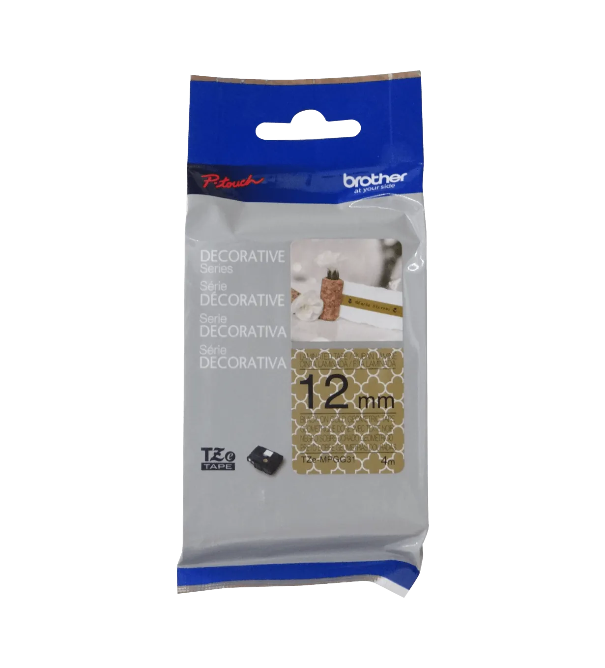 Cinta patron Brother TZE-MPGG31 12mm negro en fondo dorado 4m 2
