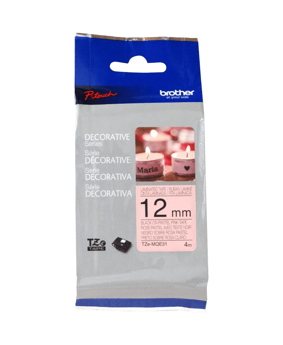 Cinta Brother TZE-MQE31 12mm negro en fondo rosa pastel 4m 2