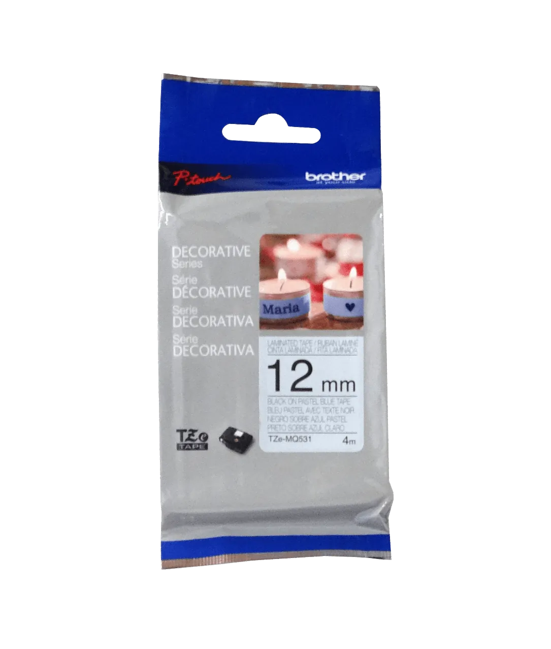 Cinta Brother TZE-MQ531 12mm negro en fondo azul pastel 4m 2