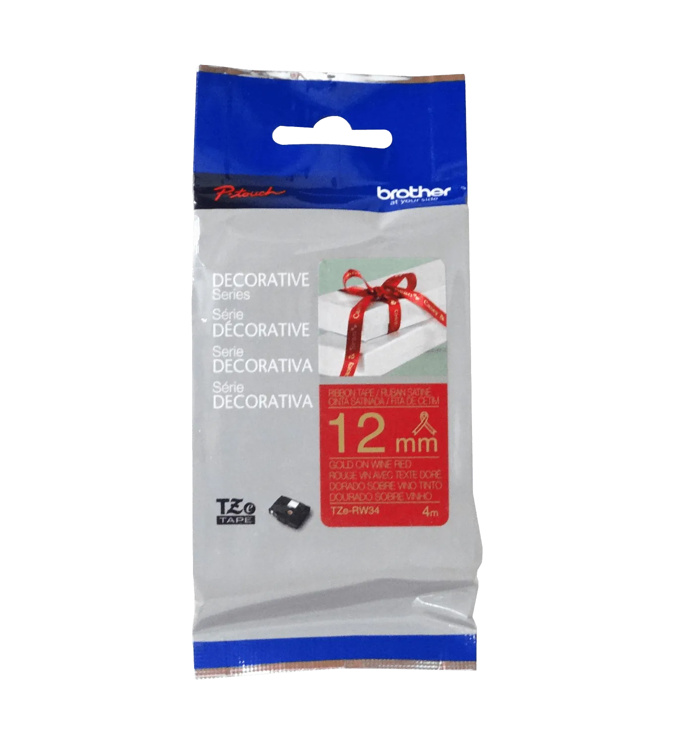 Cinta satin Brother TZE-RW34 12mm dorado en fondo rojo vino 4m 2