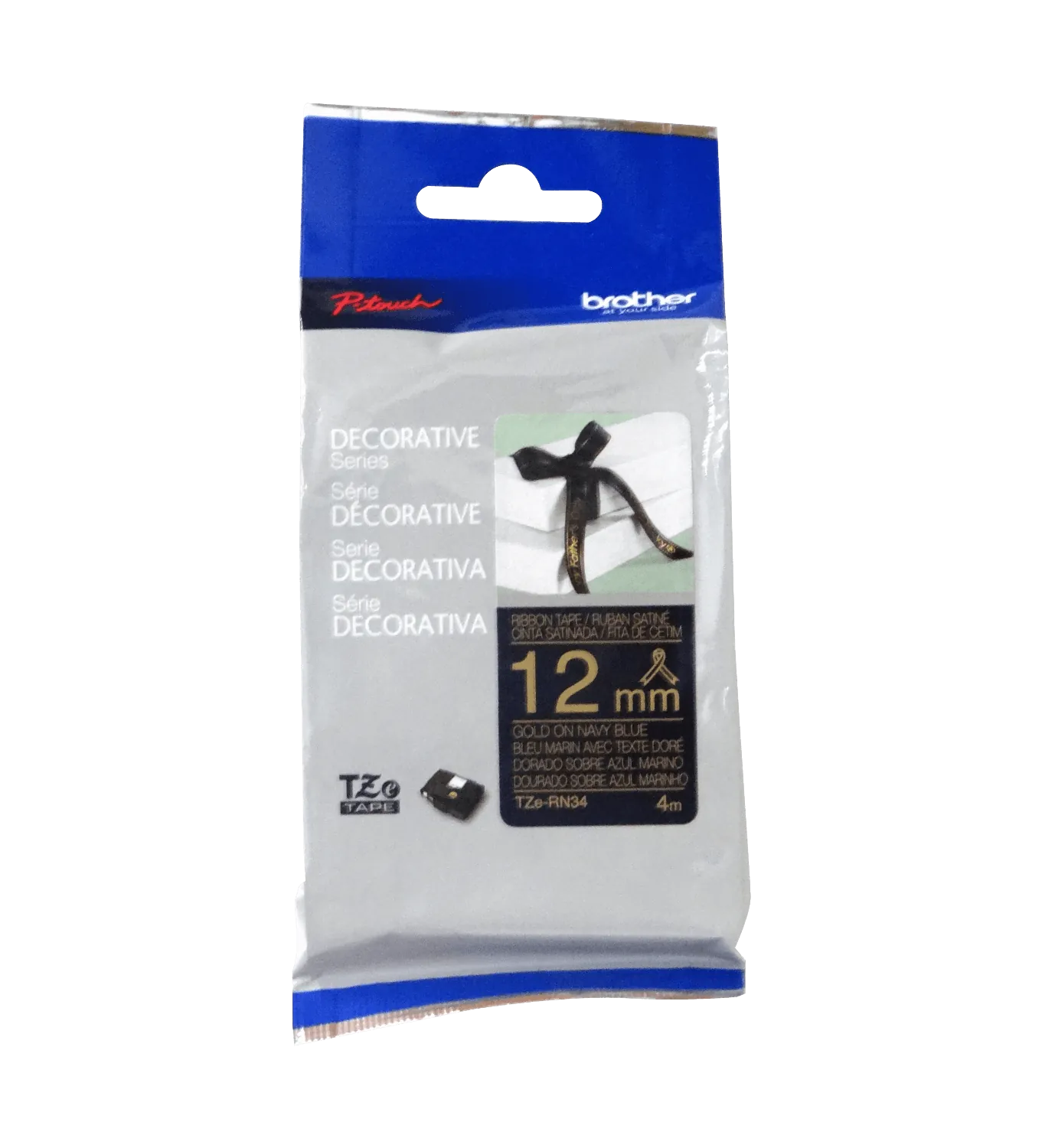 Cinta satin Brother TZE-RN34 12mm dorado en fondo azul marino 4m 2