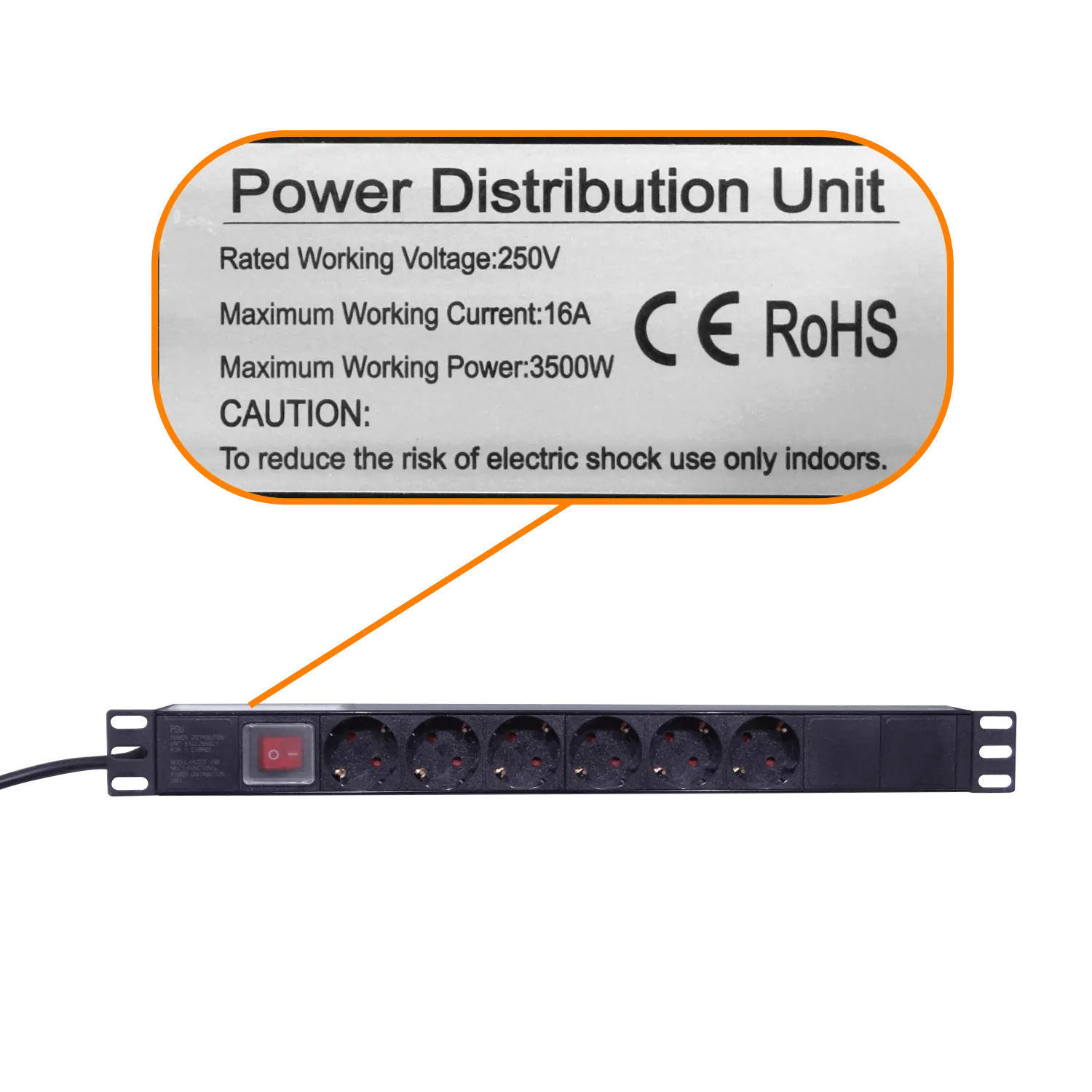 PDU 16A Enchufes 6-Hembra-Schuko in-Schuko Rack cable1,8m inc/M6-4KIT 2
