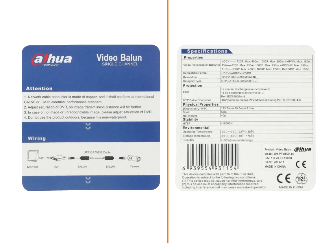 DAHUA Video Balun 4K Pin-Push Pasivo 1-Par CCTV BNC-Macho PFM800-4K 3
