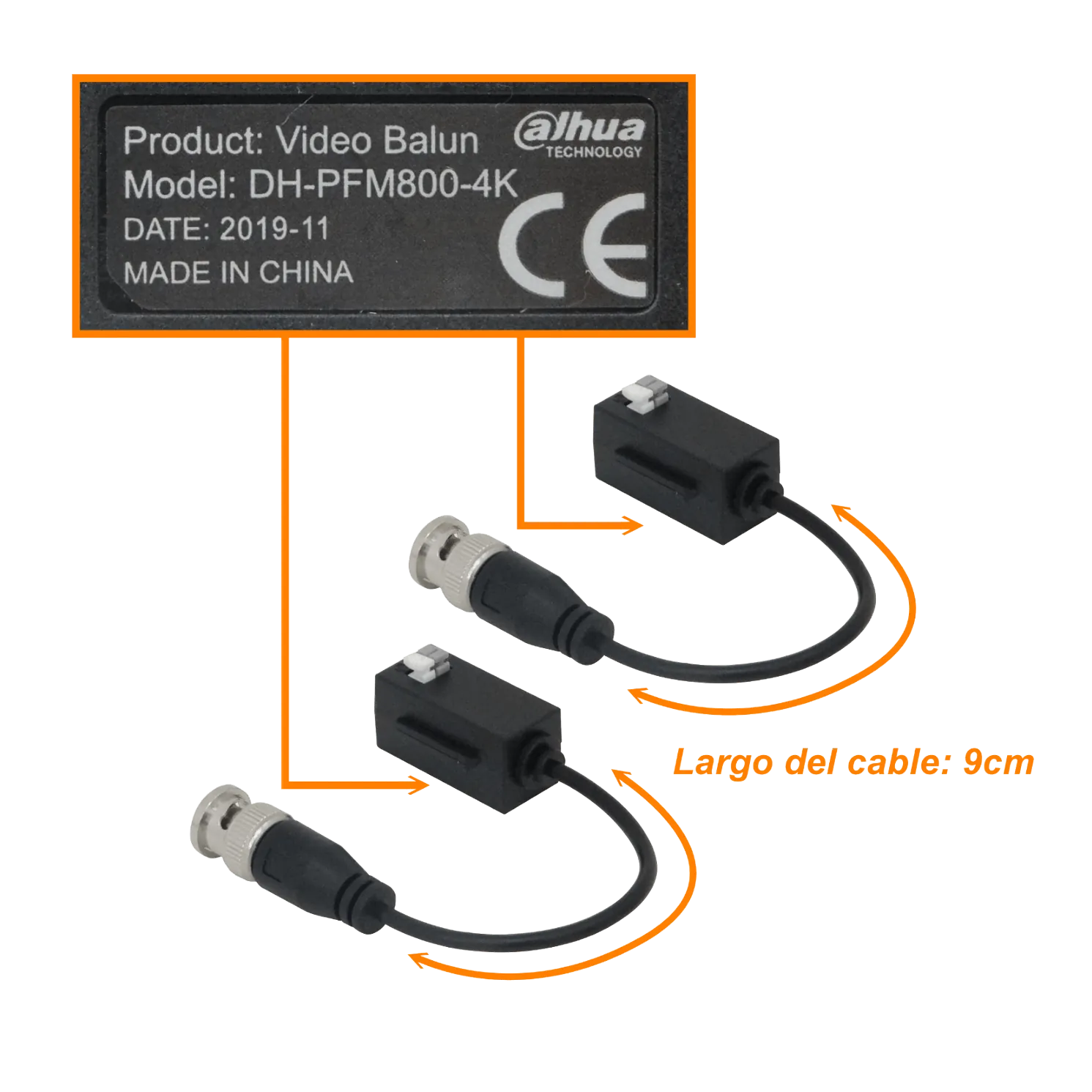 DAHUA Video Balun 4K Pin-Push Pasivo 1-Par CCTV BNC-Macho PFM800-4K 5