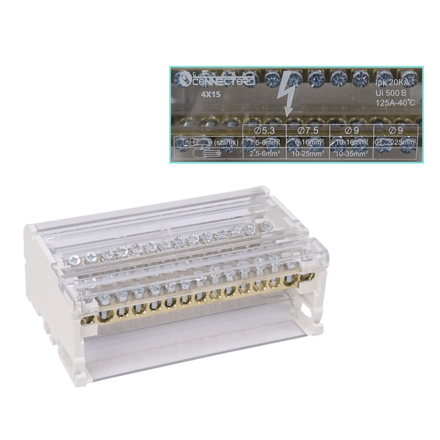 4x15 Repartidor Tetrapolar 125A 40ºC 2x25 2x35 11x10mm2 Art.6834 2