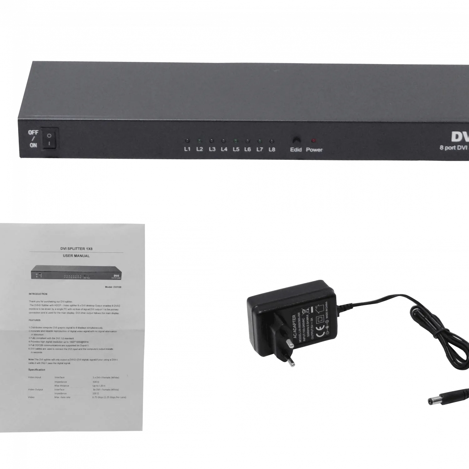 Splitter 1x8 DVI/D/Dual-M 1080p 1-in 8-out inc-5V-3A 165MHz 1920x1440 3