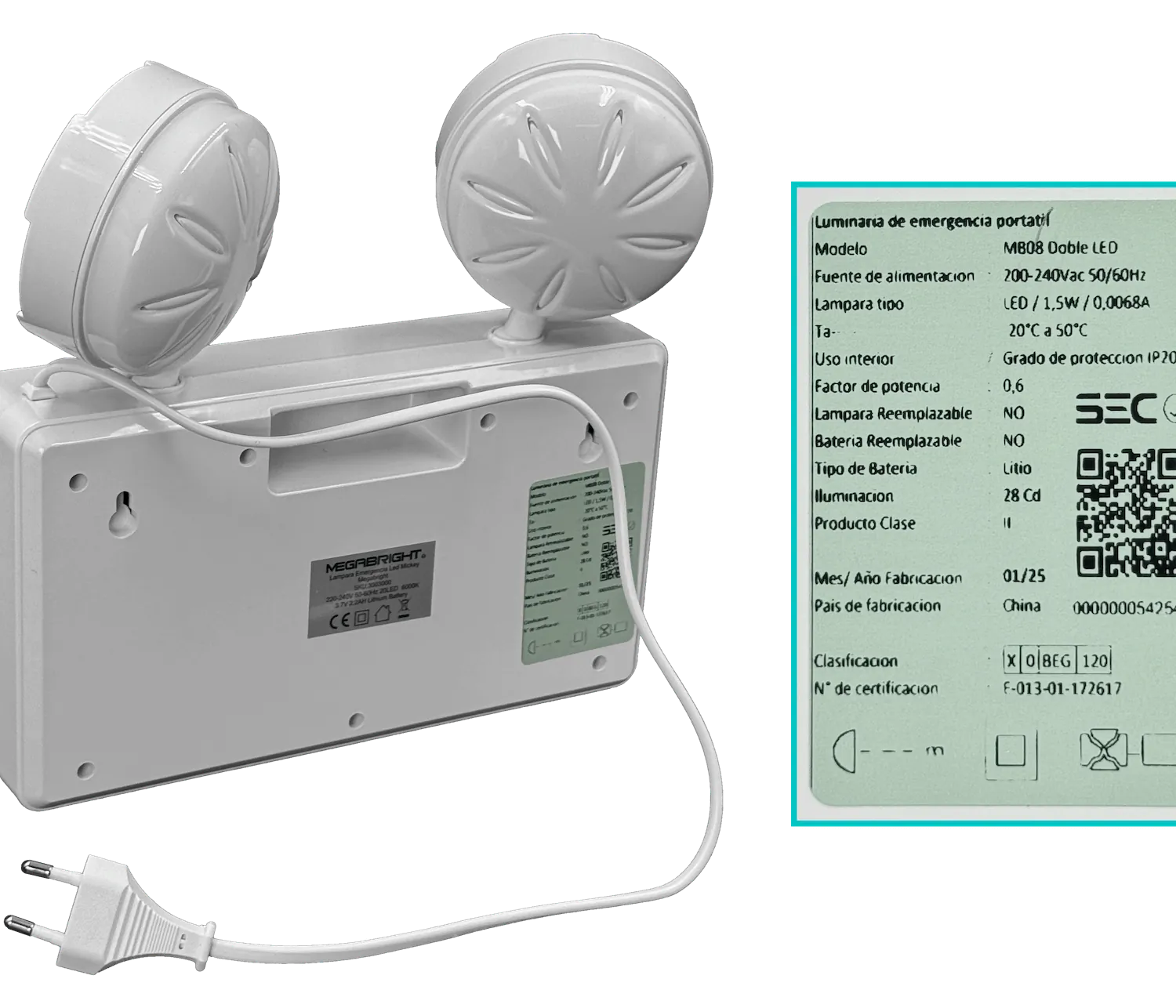 Lámpara de Emergencia MEGABRIGHT CT-1098 2-LED Recargable 220V IP20 Blanco 2