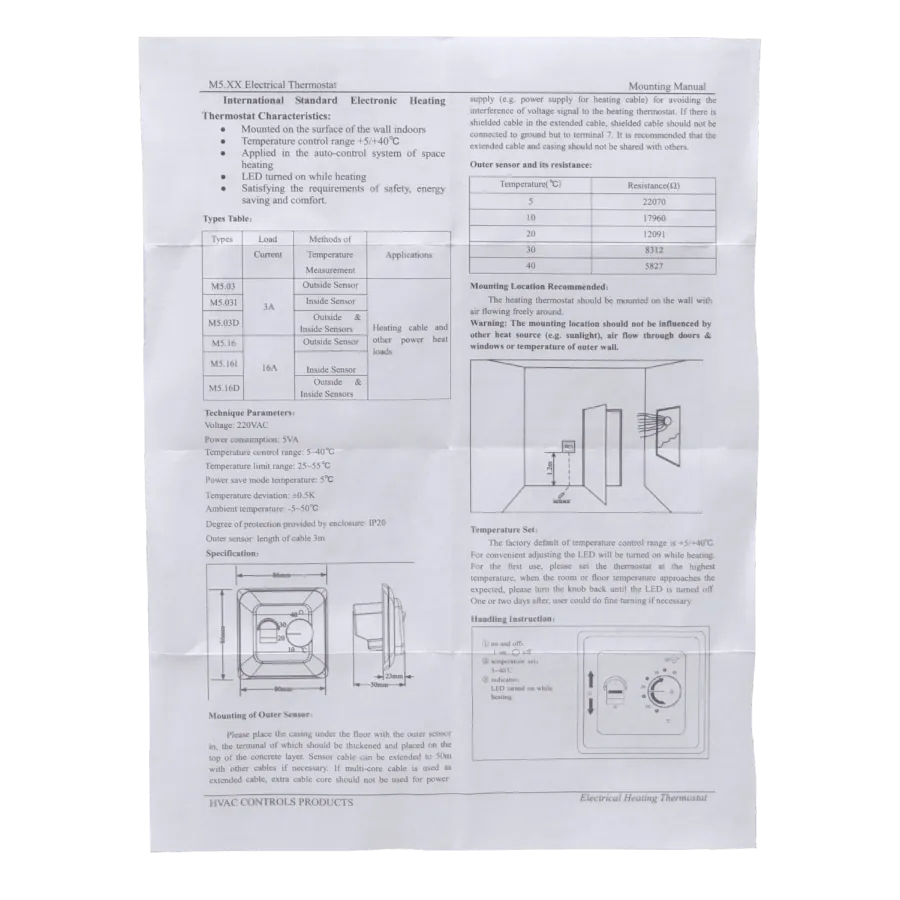 Mecanico Sensor-Piso 5-40ºC 230VAC 16A 3500W Termostato IP20 86x86mm 5