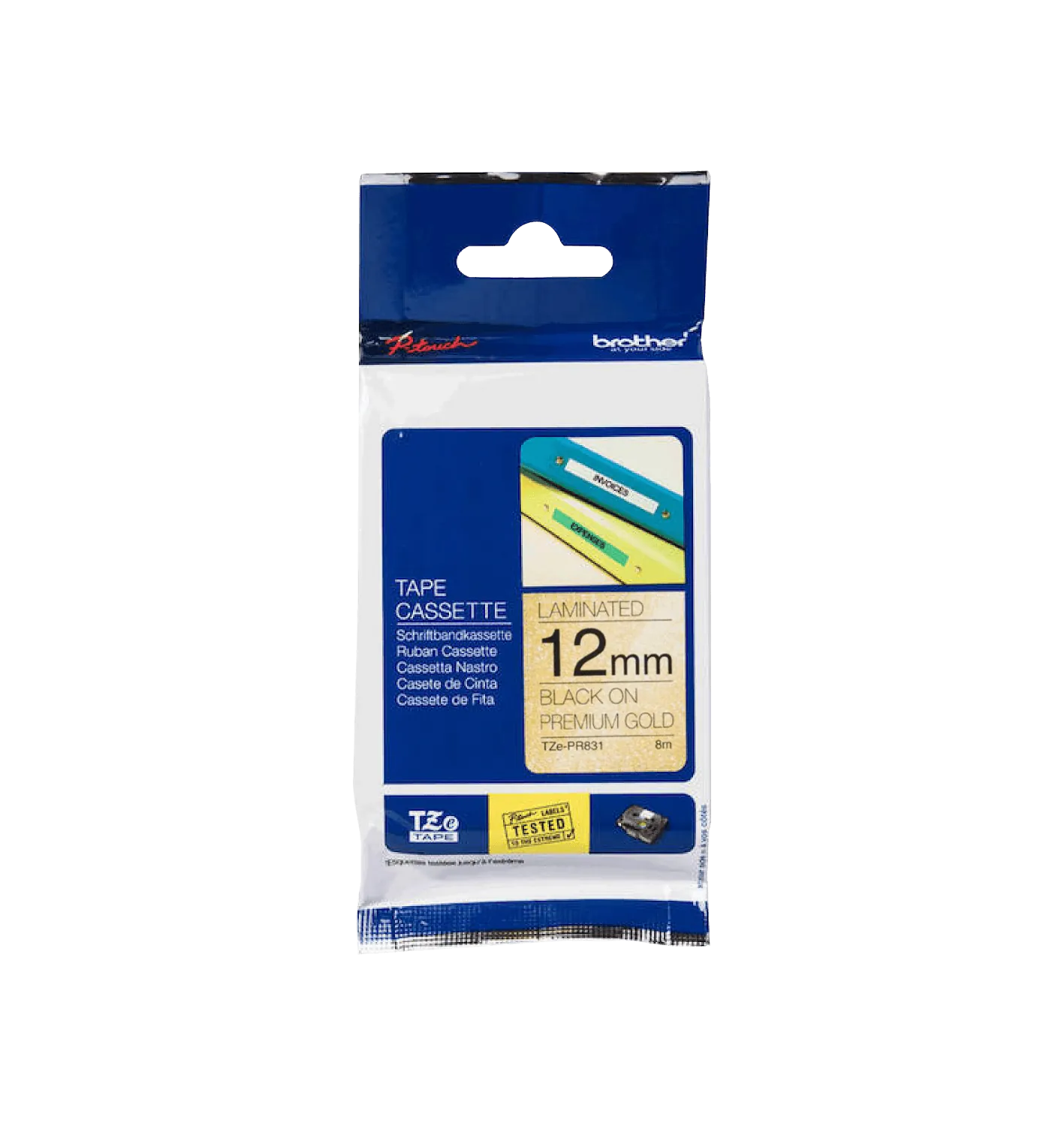 Cinta glitter Brother TZE-PR831 12mm negro en fondo dorado 8m 2