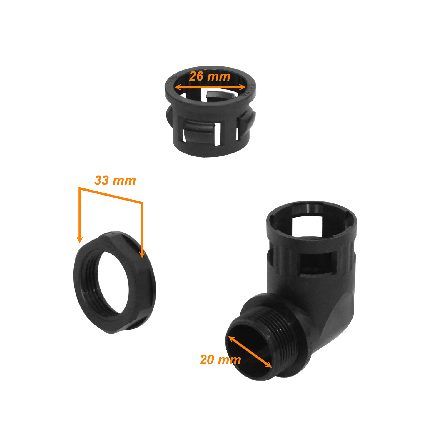 Codo de Salida para Caja Prensa Estopa, 25mm, Compatible con Conduit Flexible de Plástico Negro 2