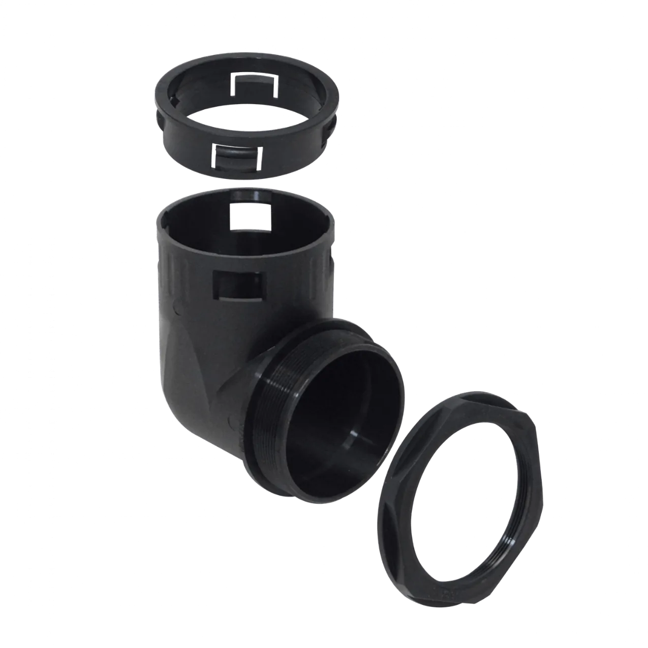 Codo Salida Caja Prensa Estopa p/Conduit Flexible Plastico Negro 55mm  2