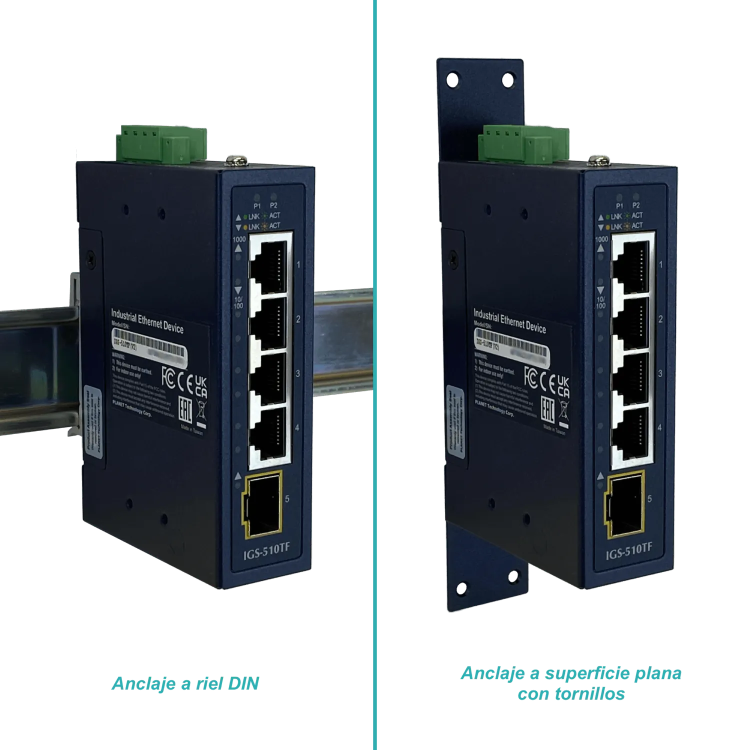 Switch Industrial Riel-DIN Gigabit req/12-48V PLANET 4-1000 1-SFP IP30  3