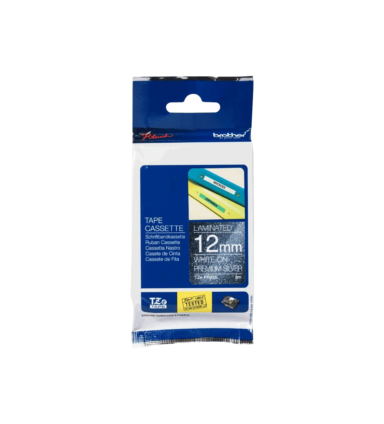 Cinta glitter Brother TZE-PR935 12mm blanco en fondo plateado 8m 2