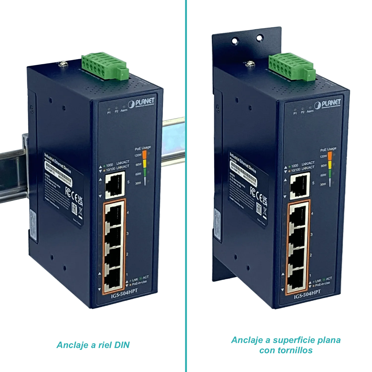 Switch 5-1000 4-PoE+120W-tot RielDIN industrial 50mm req/12-56V PLANET  4