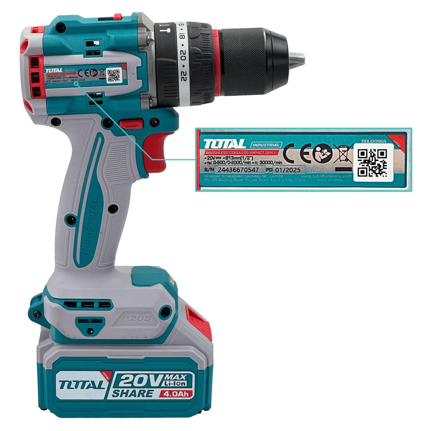 Taladro inalambrico Total TOTAL-20V P20S 20V 0 8-10mm incluye bateria 7