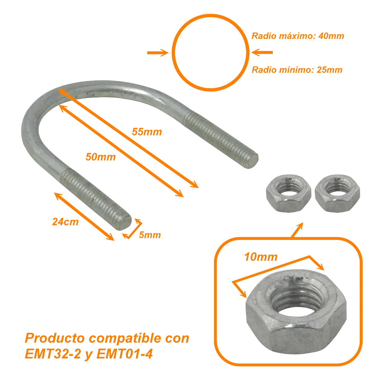 Abrazadera 25-40mm Diametro Poste Tubo c/2-tuercas-10mm req/pletina 2