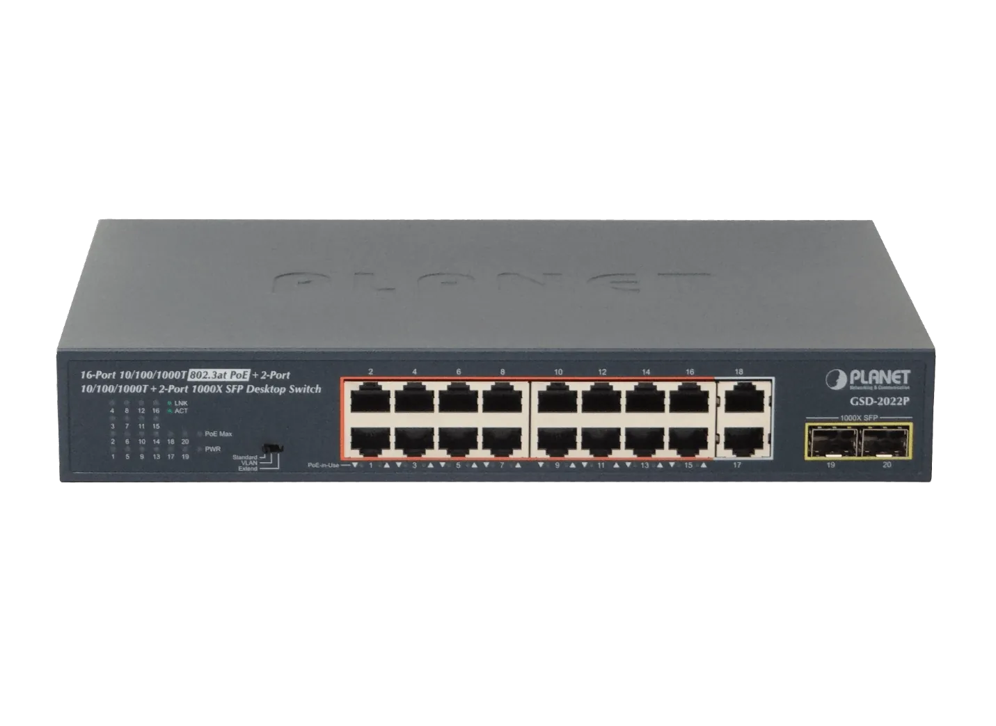 PLANET 18-1000(16-PoE+af/at) 185W-tot 2-SFP Switch Rack19p 20-puertos 1