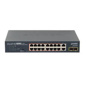 PLANET 18-1000(16-PoE+af/at) 185W-tot 2-SFP Switch Rack19p 20-puertos