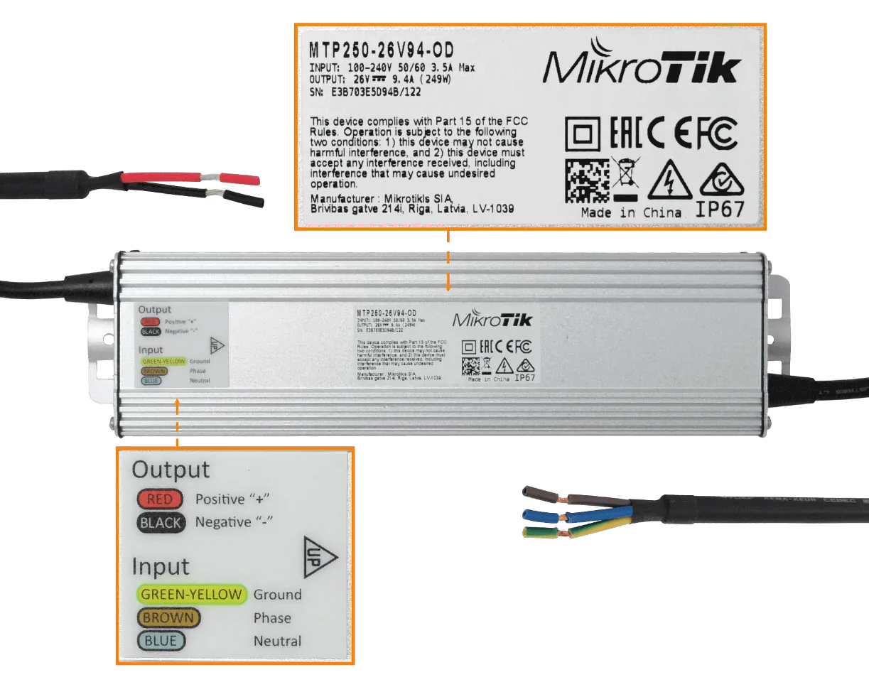 Fuente de Poder Exterior MikroTik MTP250-26V94-OD - 26V 250W IP67 para netPower 4
