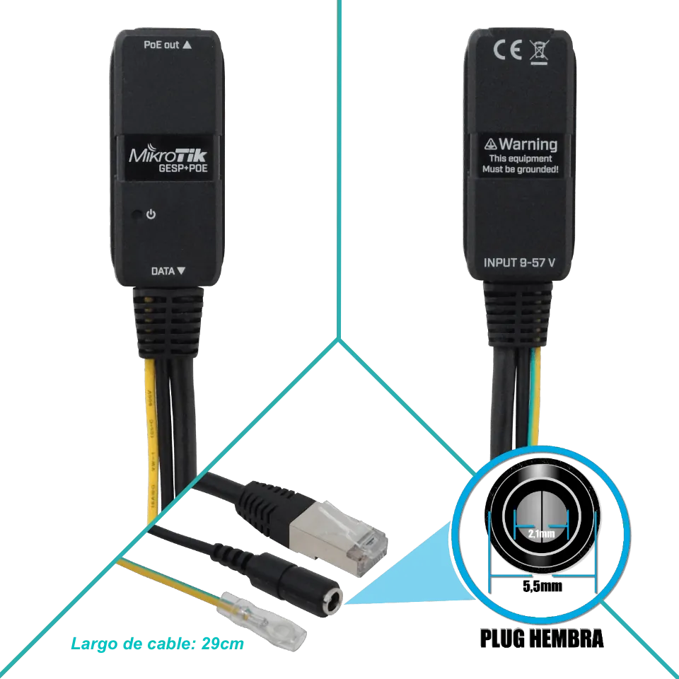 Inyector PoE Pasivo MikroTik GESP+POE-IN con Protección contra Sobretensiones 2