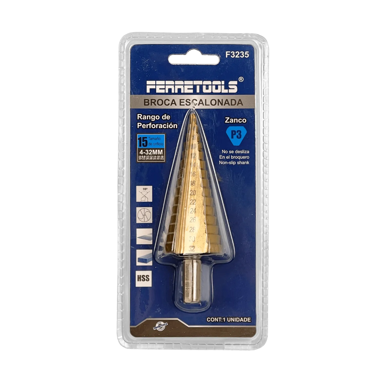 BROCA-PINO. FERRETOOLS Broca Pino 4-32mm p/Metal HSS Step-Drill Escalonada 2
