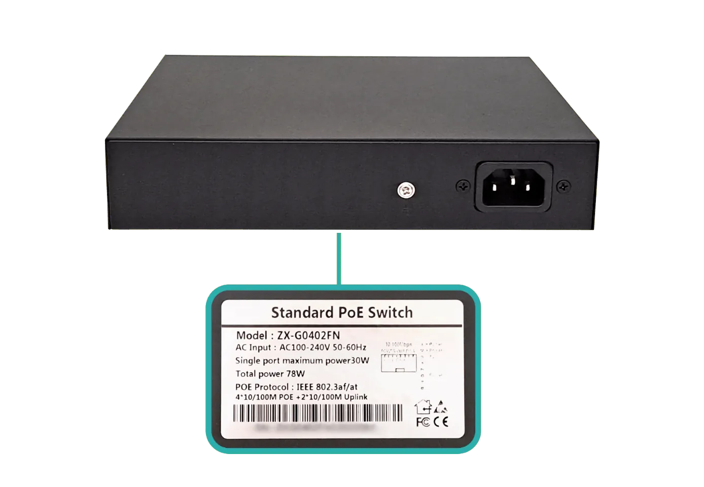 Switch 4-100-PoE-af 2-100 100-40VAC 78W C13 ZX-G0402FN 2