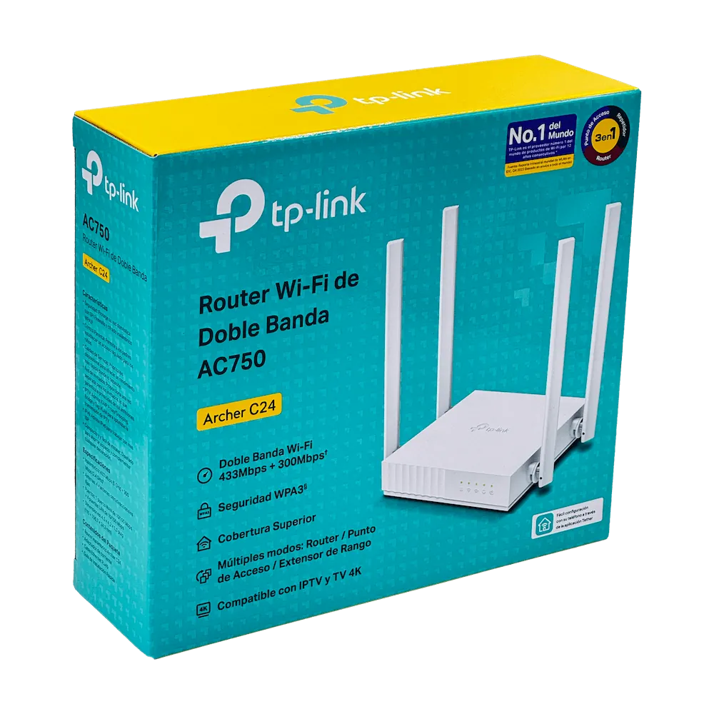 Router WiFi de Doble Banda AC750 TP-Link Archer C24, 1x WAN, 4xLAN (10/100 Mbps), 4 antenas fijas 7