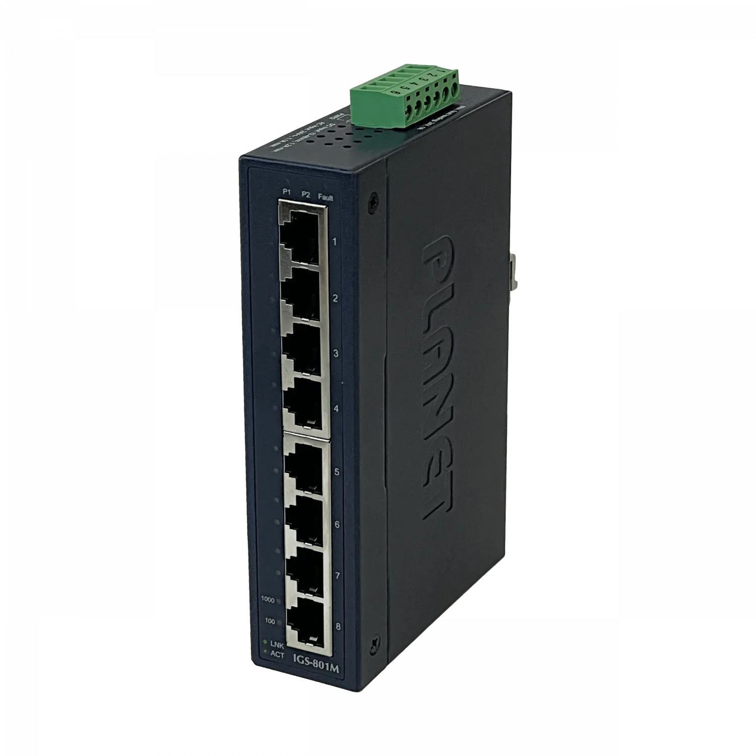 Switch Indust Admin Riel-DIN Gigabit req 12-48VDC 24VAC PLANET 8-1000  1