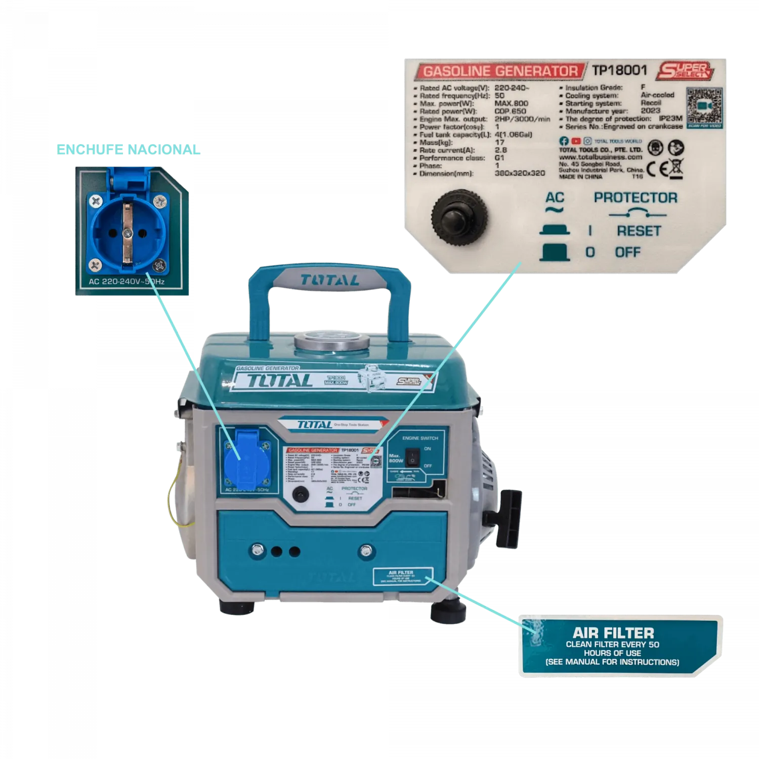 Generador de Gasolina TOTAL TP18001 - 800W, 2HP, 2 Tiempos 4