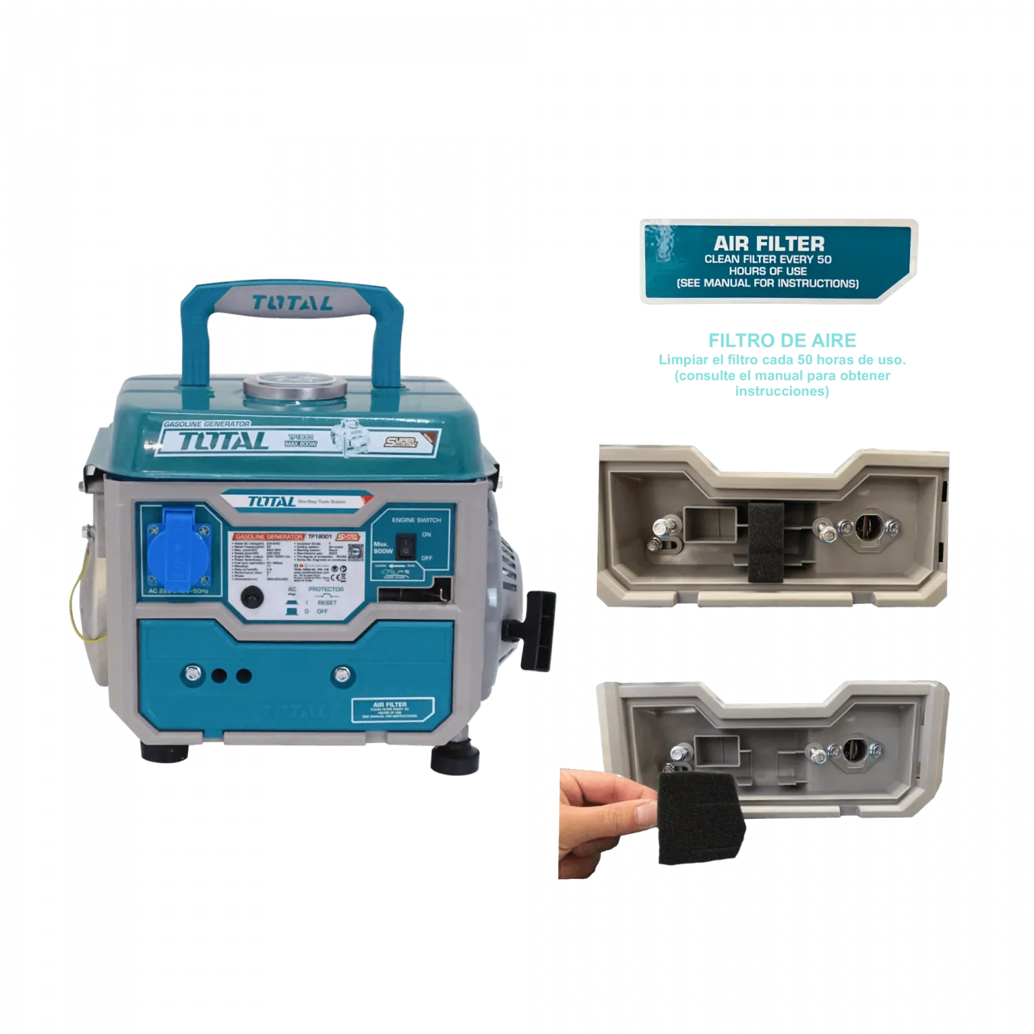 Generador de Gasolina TOTAL TP18001 - 800W, 2HP, 2 Tiempos 7