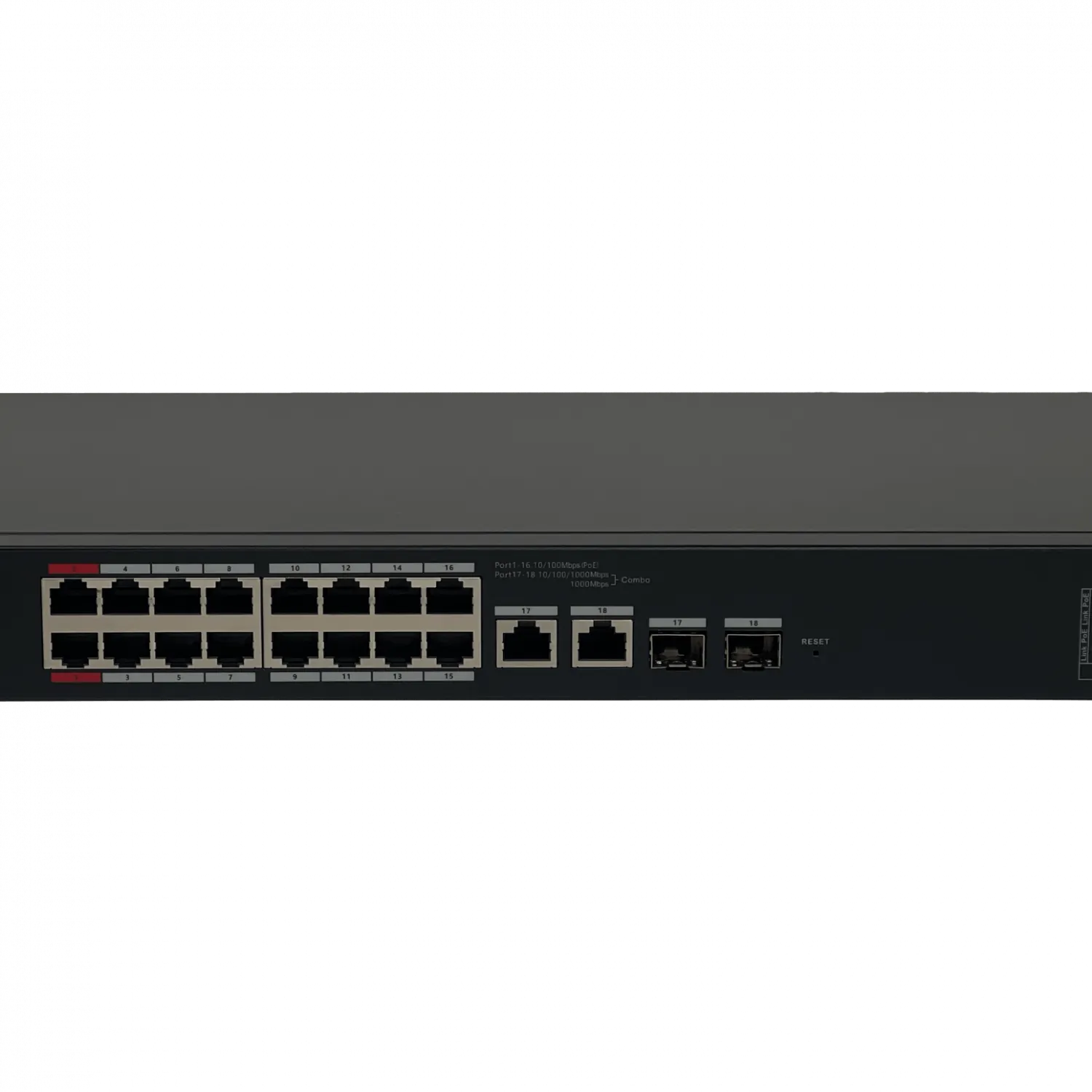 Switch Dahua DH-CS4218-16ET-190 16 Puertos PoE+ 100Mbps + 2 Combo Gigabit + 2 SFP, 190W - Rackeable 1